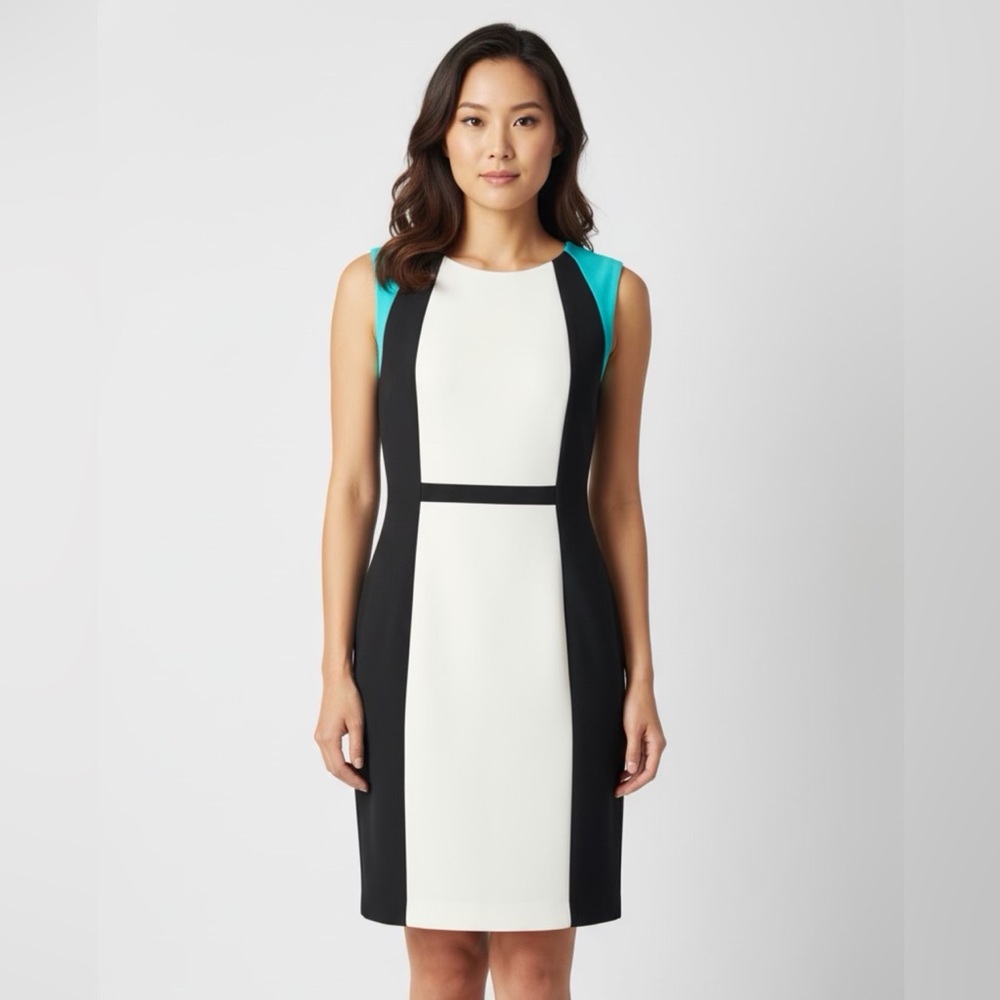 Chelsea Rose Sleeveless Dress Black, Cream, and Blue made of stretchable fabric